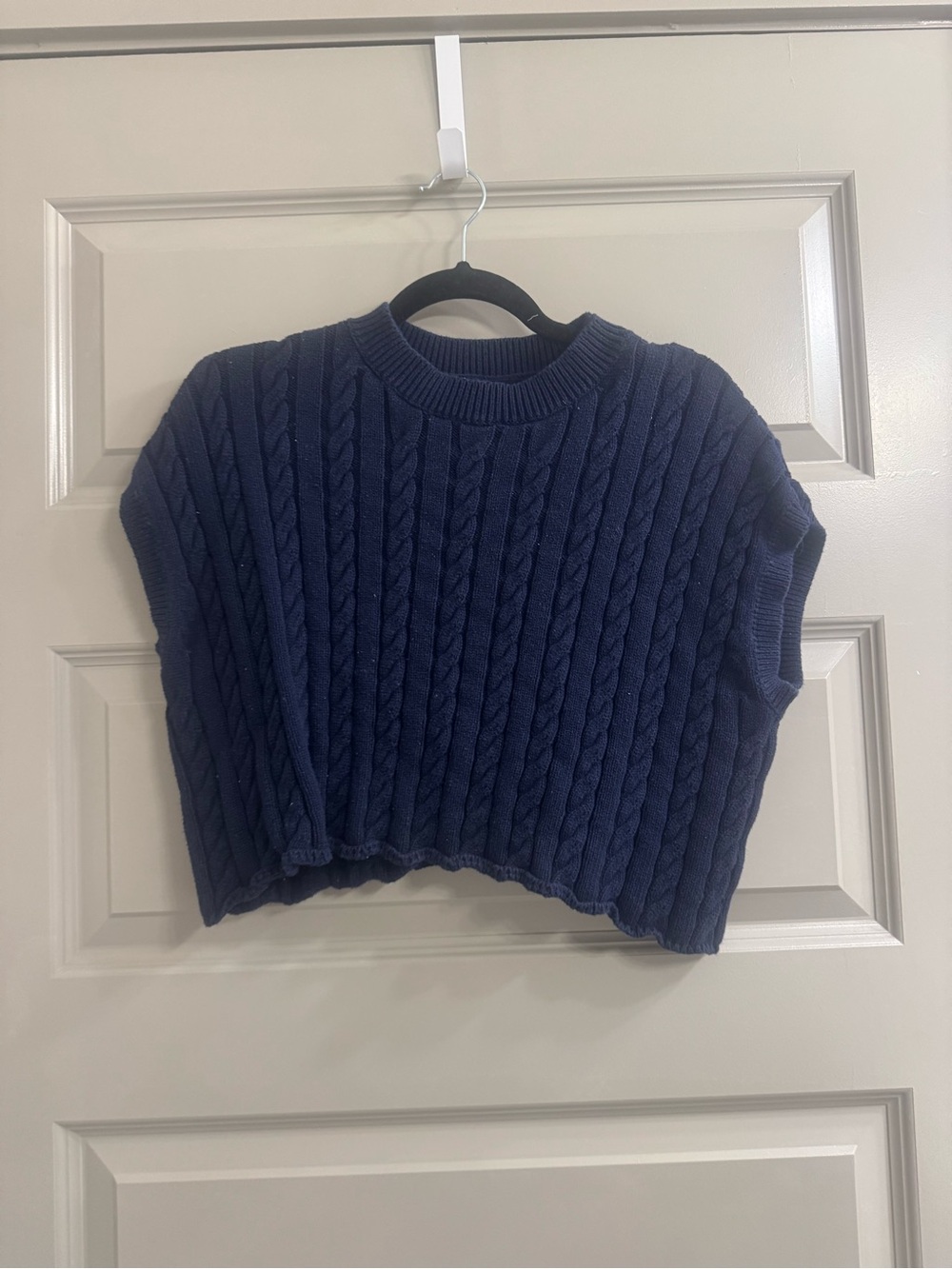 Navy Cable Knit Cropped Short Sleeved Sweater